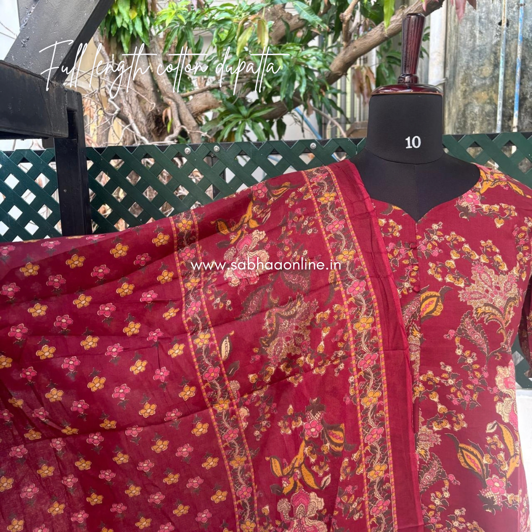 Shathika - Maroon Cotton Kurti 3pc set with lining - LN 70
