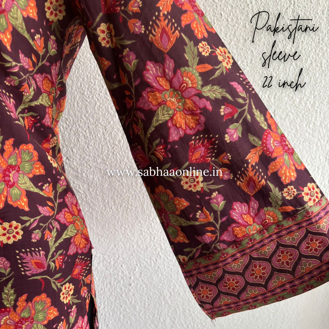 Sanchi - Wine Pakistani Full sleeve cotton kurti 3pc set - LN 41