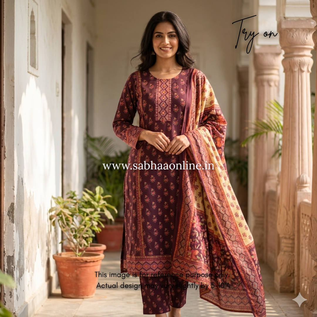 Sanchi - Wine Pakistani Full sleeve cotton kurti 3pc set - LN 41