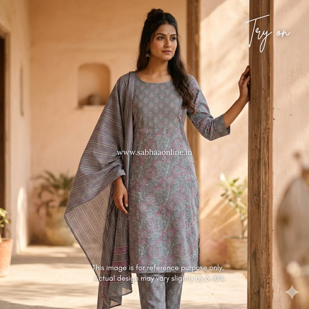 Sara - Grey Cotton kurti 3pc set with lining (Slim fit) - LN 40