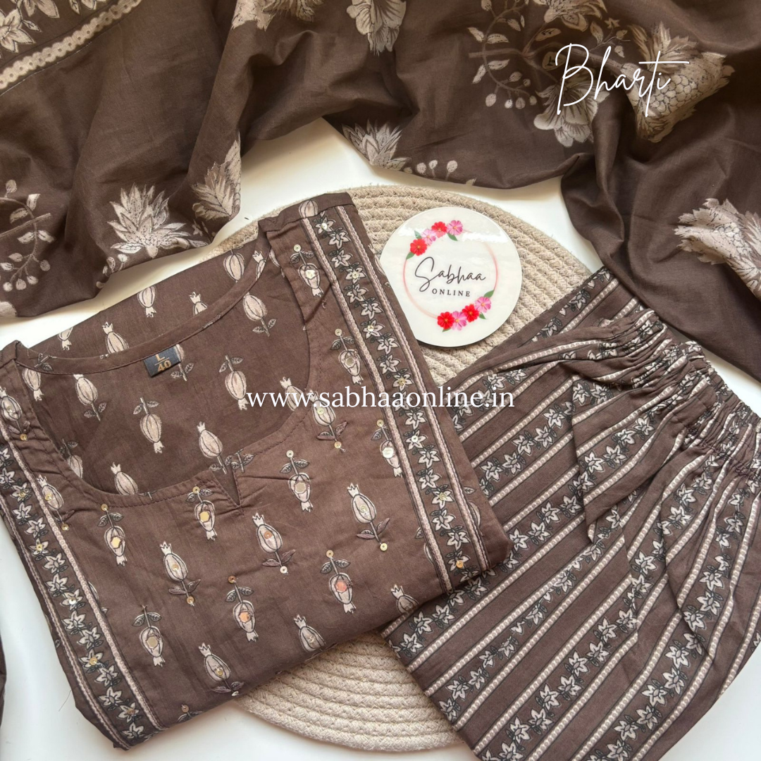 Bharti - Mocha Brown Cotton kurti 3pc set - LN 50