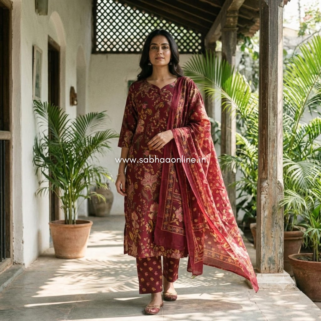 Shathika - Maroon Cotton Kurti 3pc set with lining - LN 70