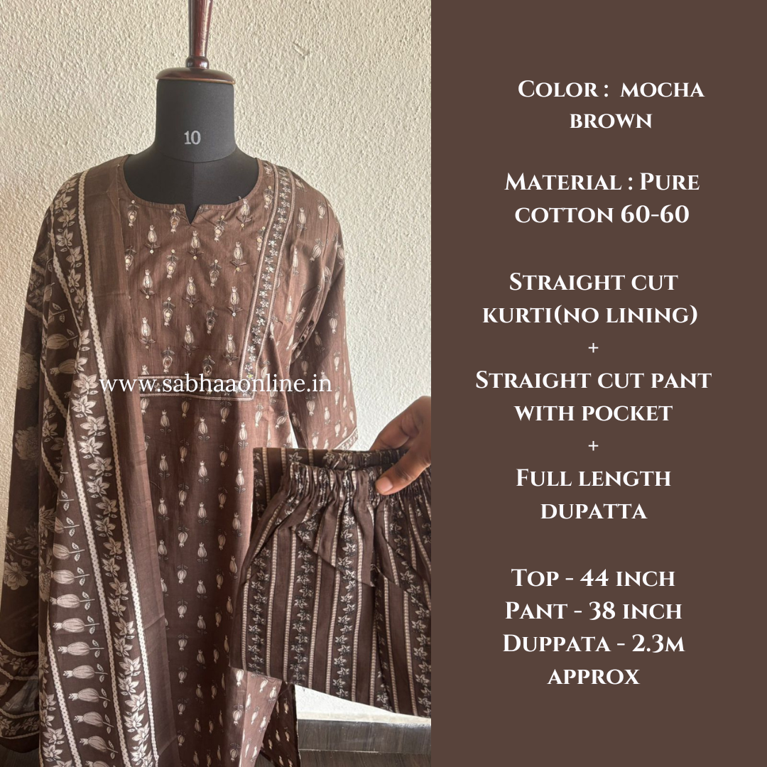 Bharti - Mocha Brown Cotton kurti 3pc set - LN 50