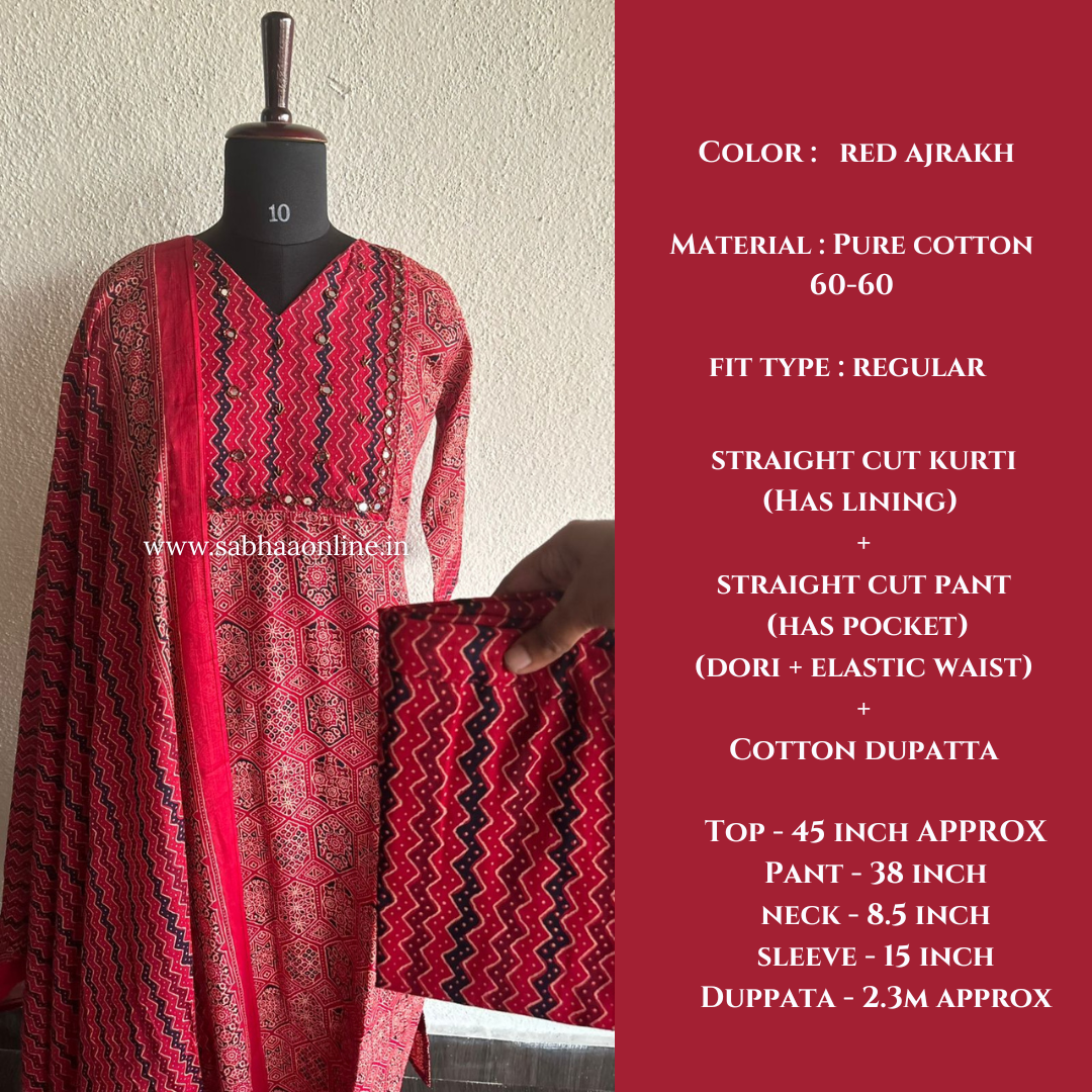 Nidhi - Red Ajrakh Cotton kurti 3pc set with lining - LN 40