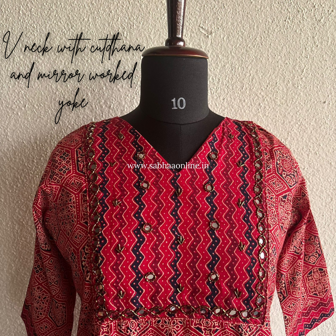 Nidhi - Red Ajrakh Cotton kurti 3pc set with lining - LN 40
