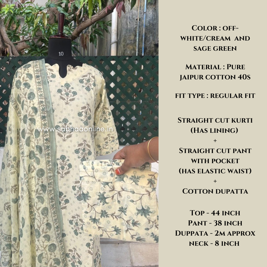 Ragavi - Cream and Sage green Cotton kurti 3pc set with lining - LN 70