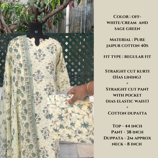 Ragavi - Cream and Sage green Cotton kurti 3pc set with lining - LN 70