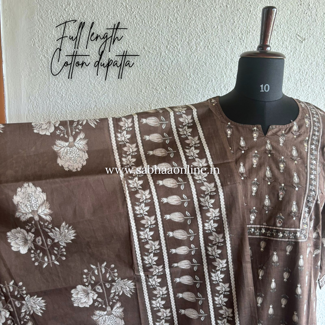 Bharti - Mocha Brown Cotton kurti 3pc set - LN 50