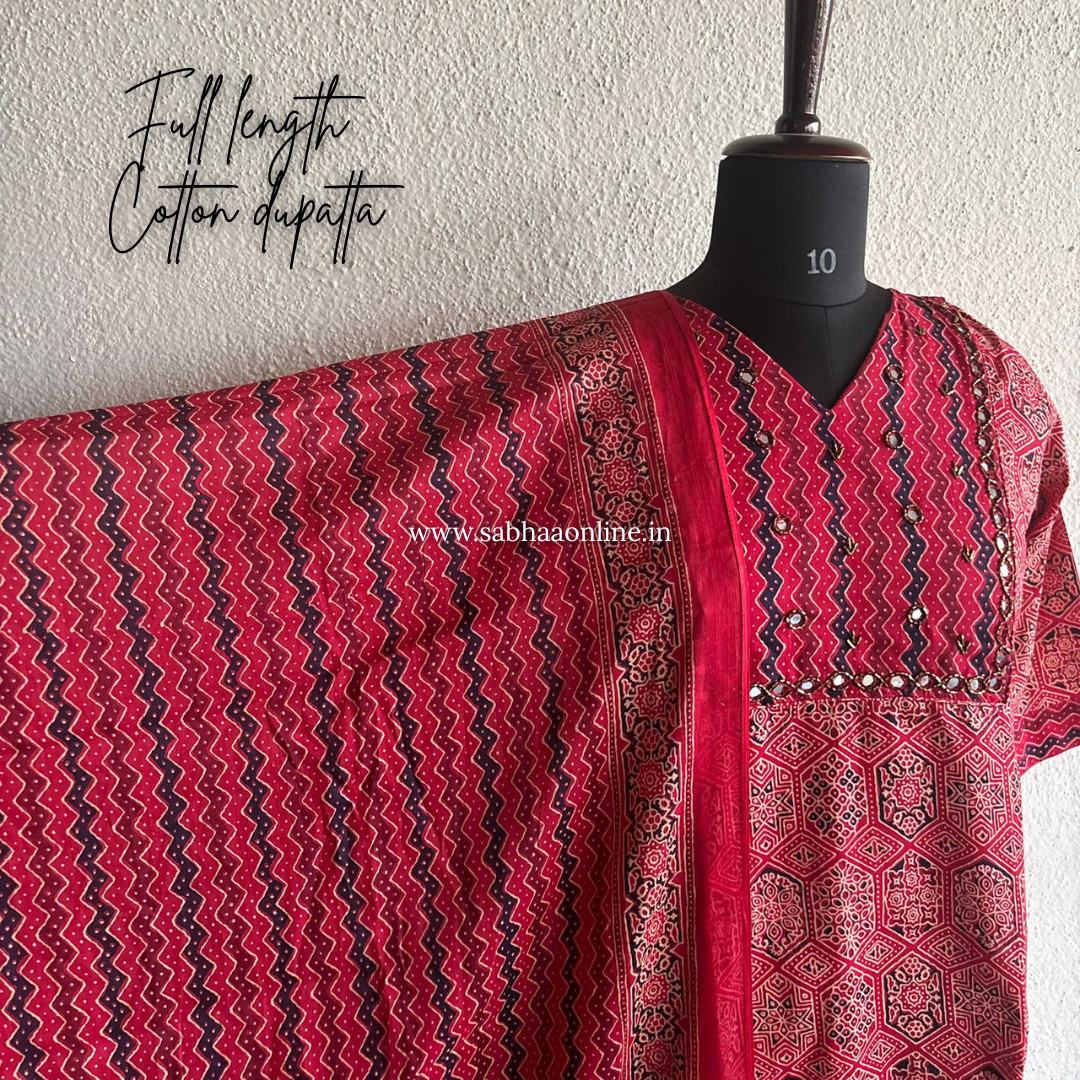 Nidhi - Red Ajrakh Cotton kurti 3pc set with lining - LN 40