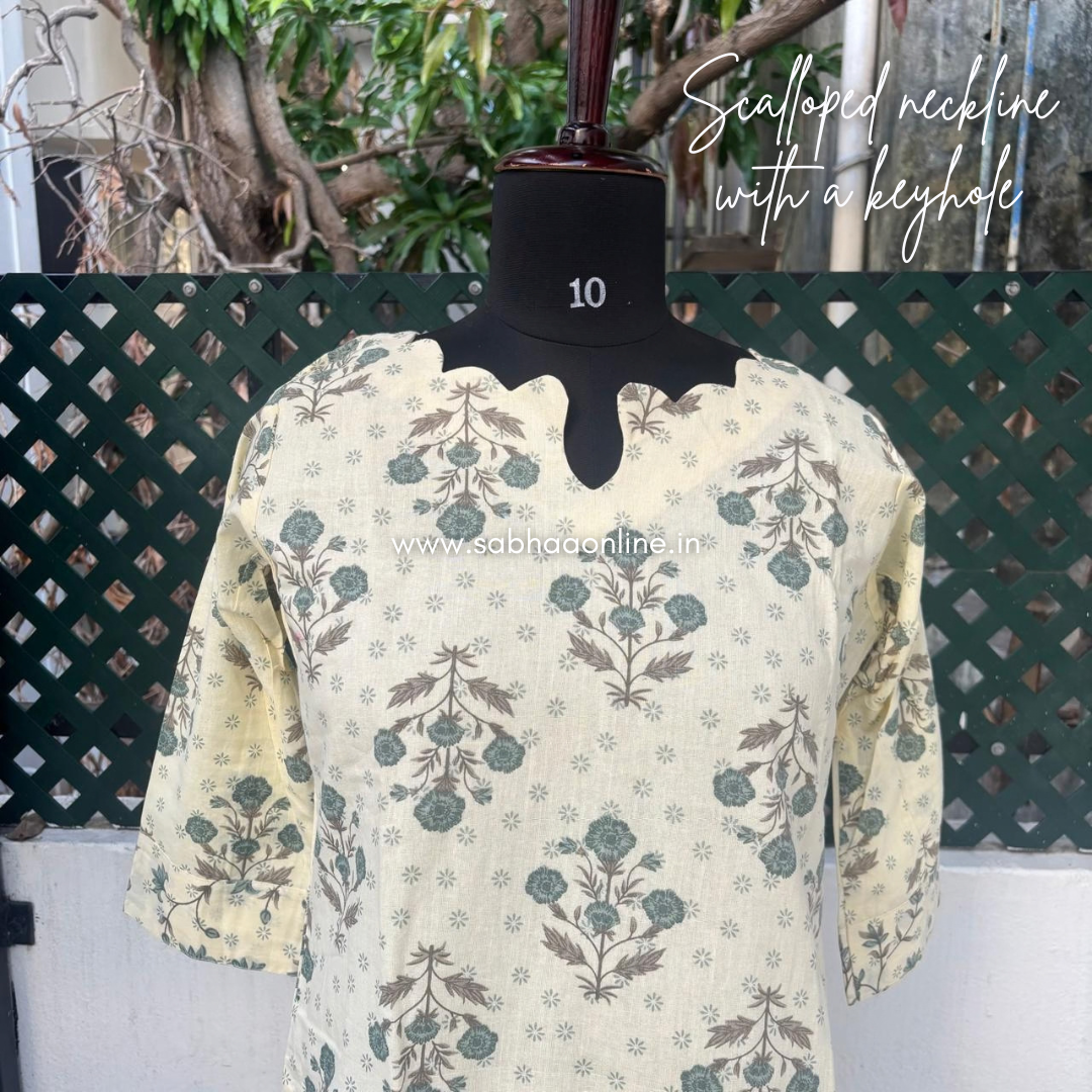 Ragavi - Cream and Sage green Cotton kurti 3pc set with lining - LN 70