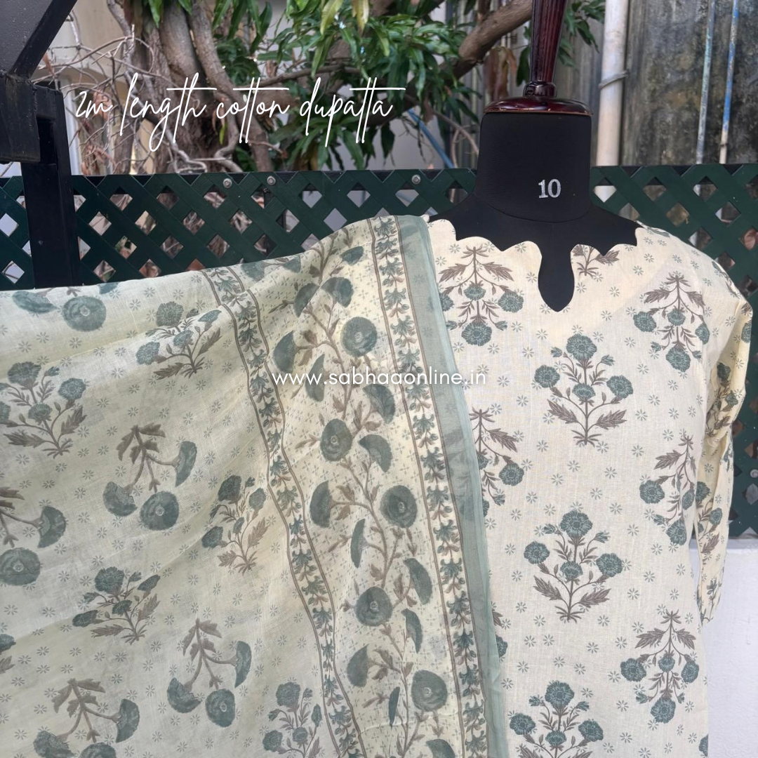 Ragavi - Cream and Sage green Cotton kurti 3pc set with lining - LN 70