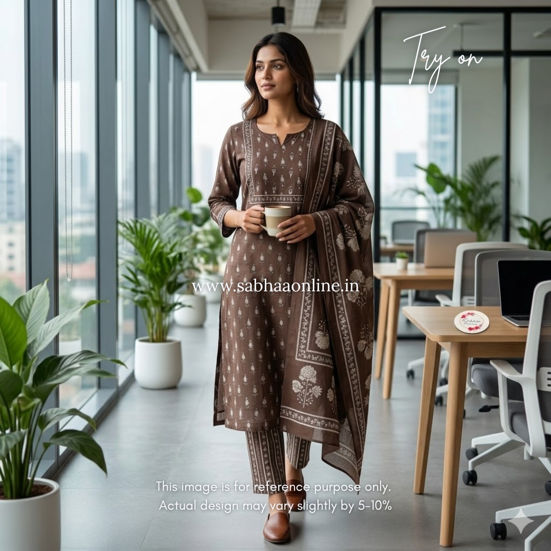 Bharti - Mocha Brown Cotton kurti 3pc set - LN 50