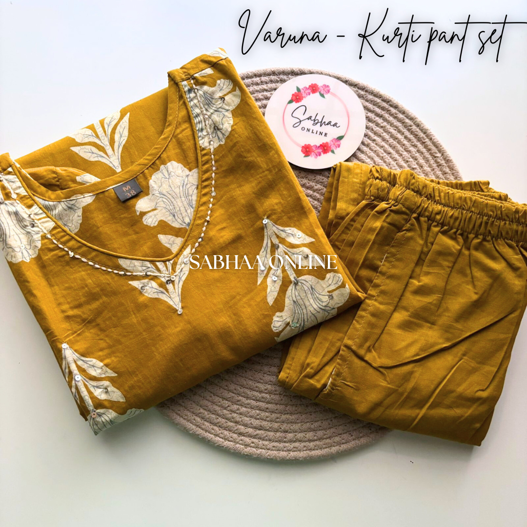 Varuna - Yellow Cotton kurti pant set - Size M 38 only