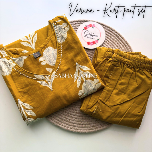 Varuna - Yellow Cotton kurti pant set - Size M 38 only