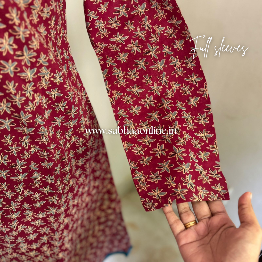 Selvi - Maroon and Teal Cotton crepe Anarkali + dupatta set - LN24
