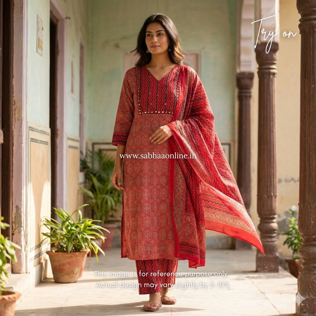 Nidhi - Red Ajrakh Cotton kurti 3pc set with lining - LN 40