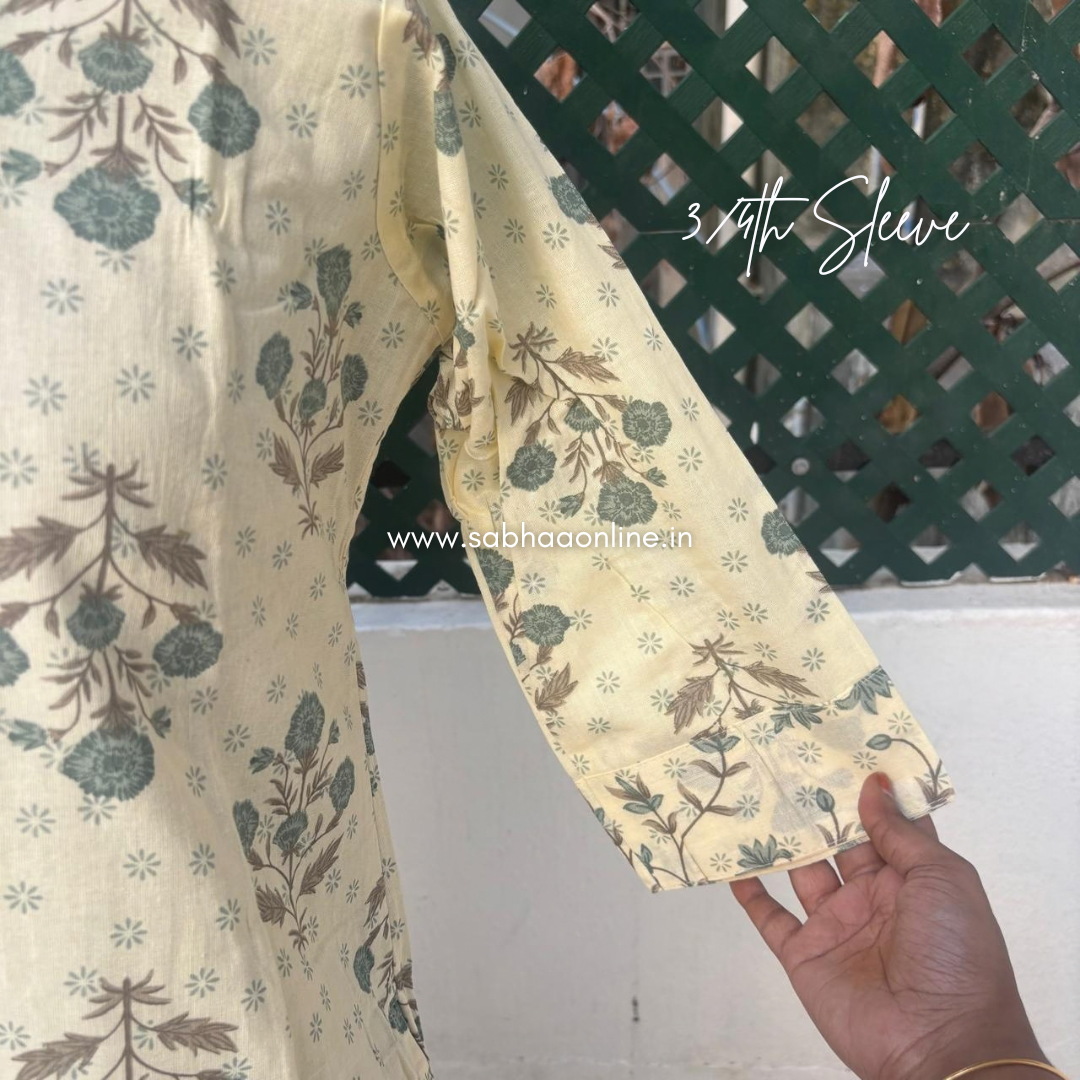 Ragavi - Cream and Sage green Cotton kurti 3pc set with lining - LN 70