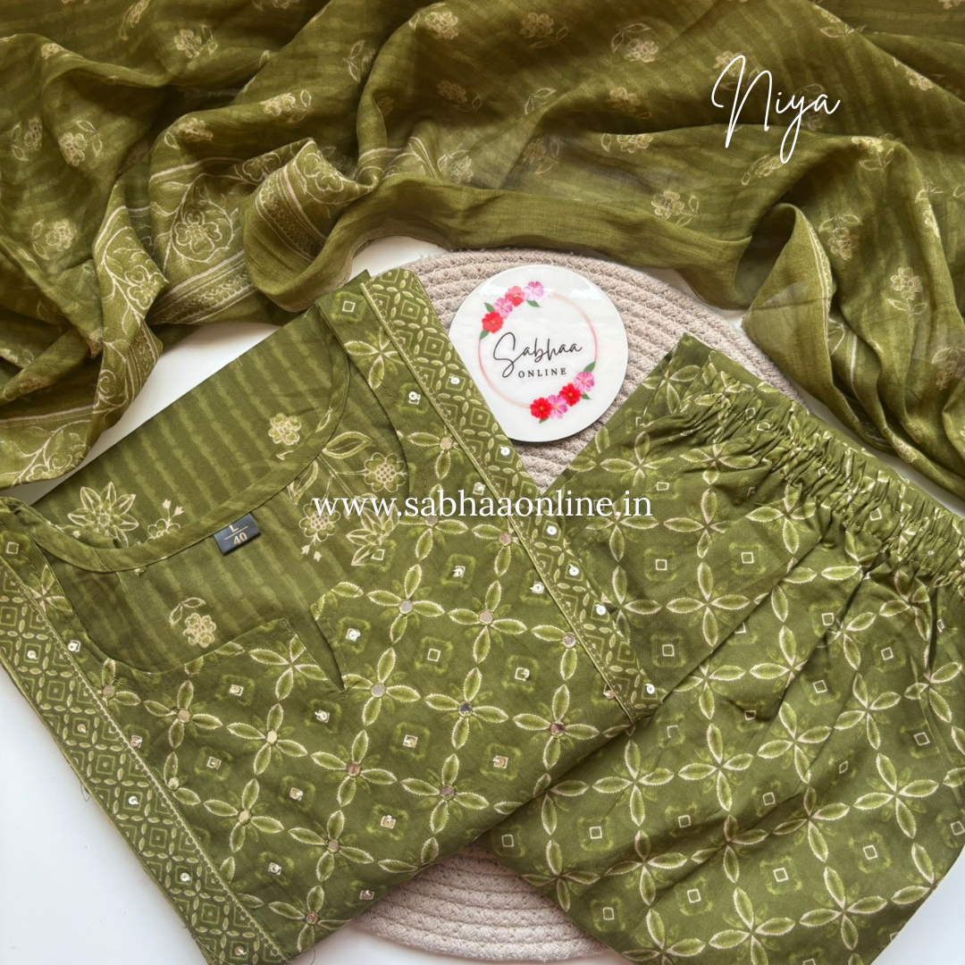 Niya - Grass green Cotton kurti 3pc set - LN 50