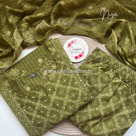 Niya - Grass green Cotton kurti 3pc set - LN 50