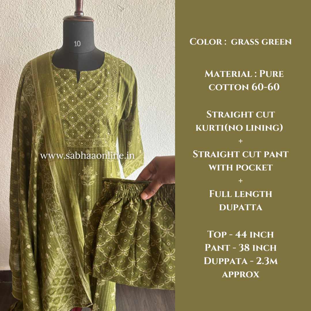 Niya - Grass green Cotton kurti 3pc set - LN 50