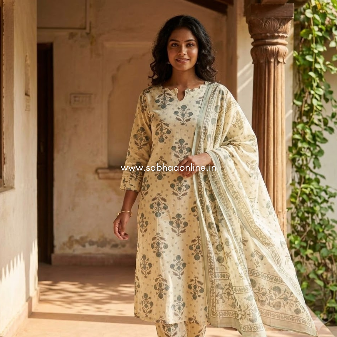 Ragavi - Cream and Sage green Cotton kurti 3pc set with lining - LN 70