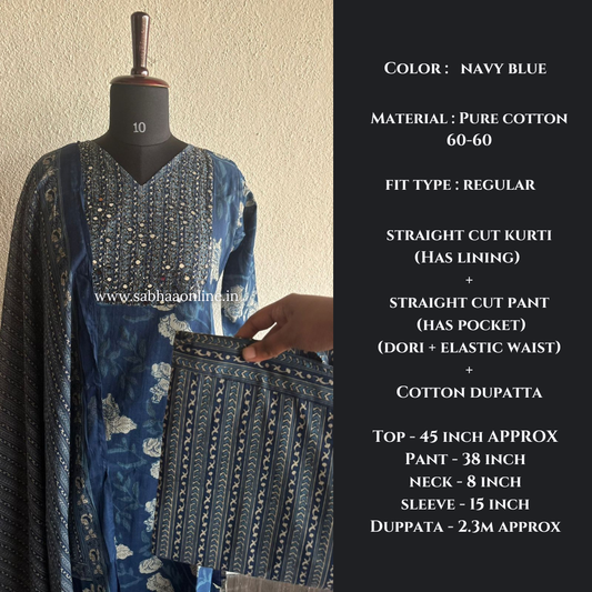 Thara - Blue Floral Cotton kurti 3pc set with lining - LN 40