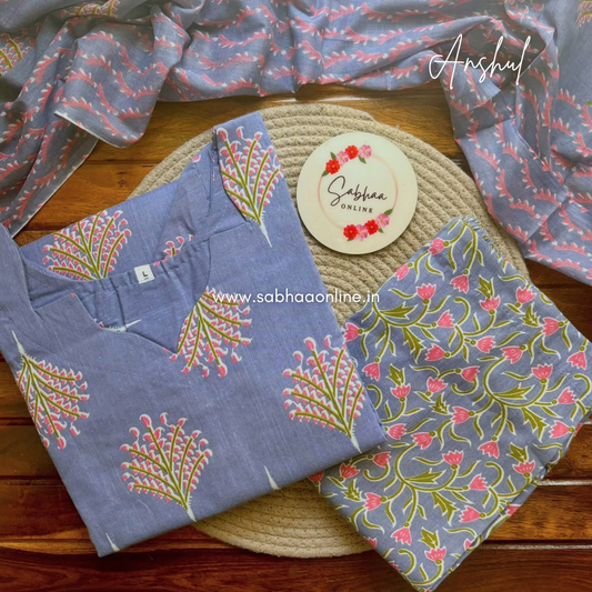 Anshu - Periwinkle Blue Cotton Kurti 3pc set with lining - LN 70
