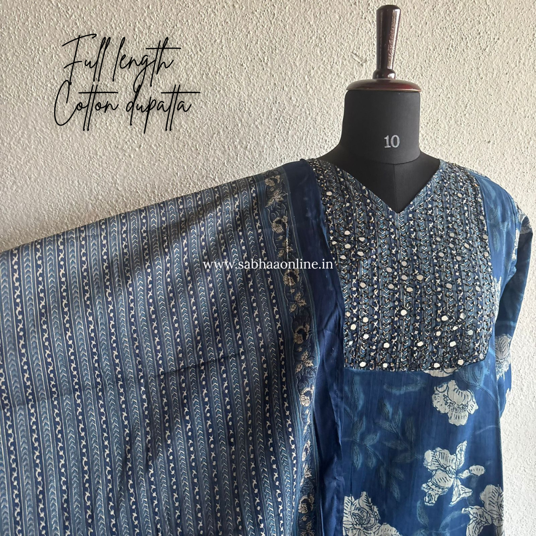 Thara - Blue Floral Cotton kurti 3pc set with lining - LN 40