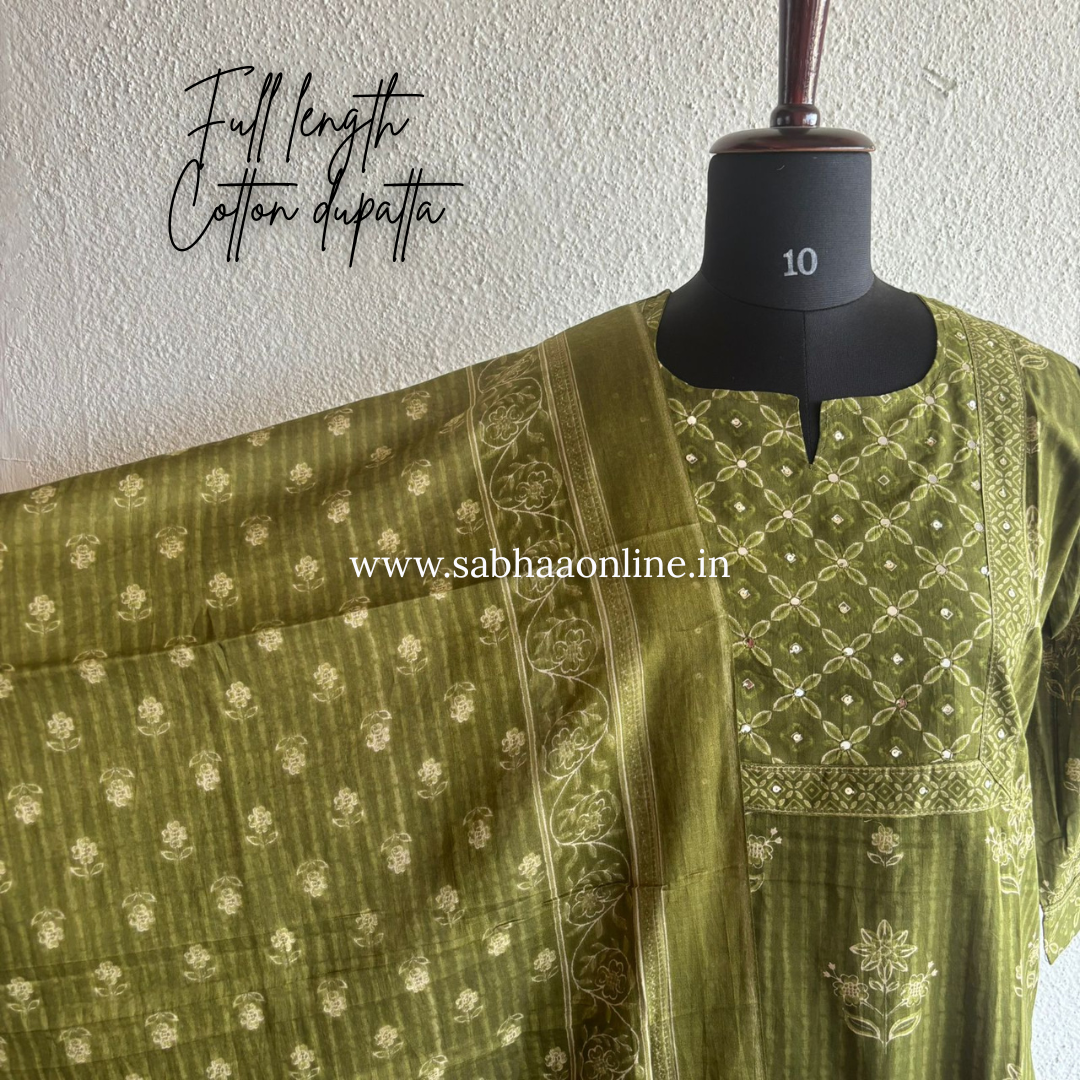 Niya - Grass green Cotton kurti 3pc set - LN 50