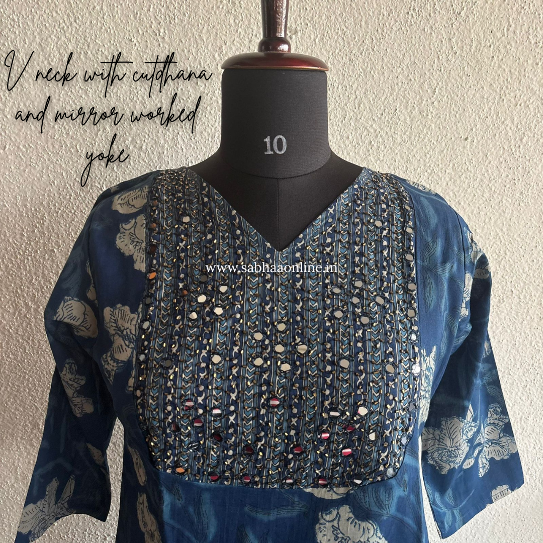 Thara - Blue Floral Cotton kurti 3pc set with lining - LN 40
