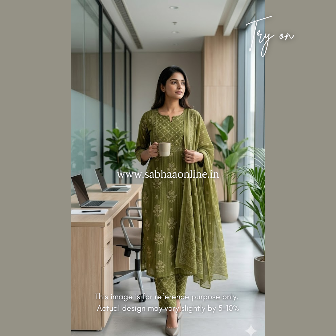 Niya - Grass green Cotton kurti 3pc set - LN 50