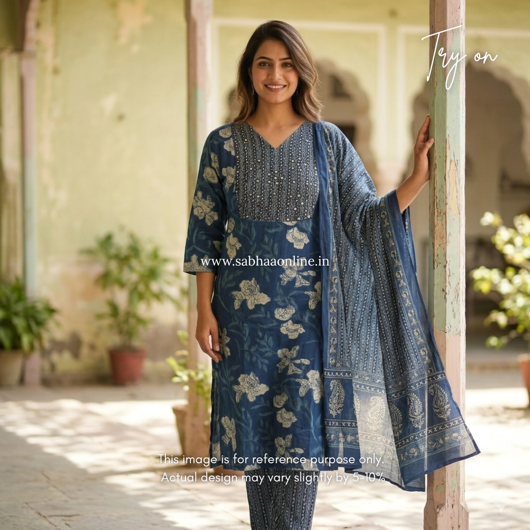Thara - Blue Floral Cotton kurti 3pc set with lining - LN 40