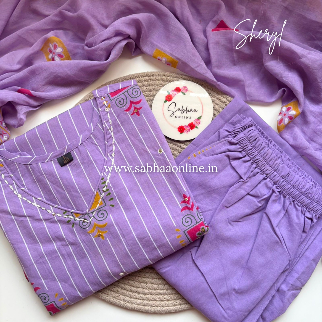 Sheryl - Lavendar Cotton kurti 3pc set - LN 50