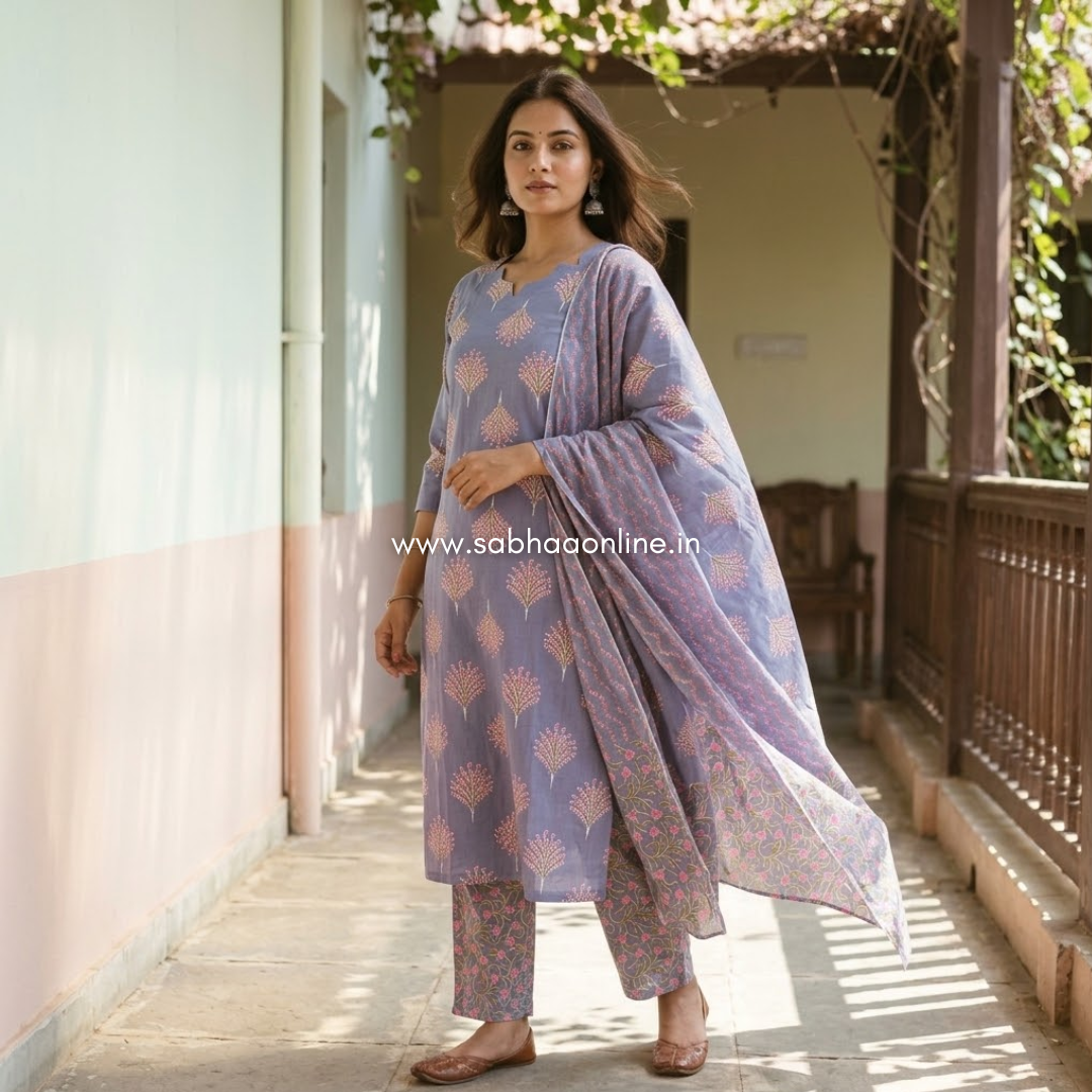 Anshu - Periwinkle Blue Cotton Kurti 3pc set with lining - LN 70