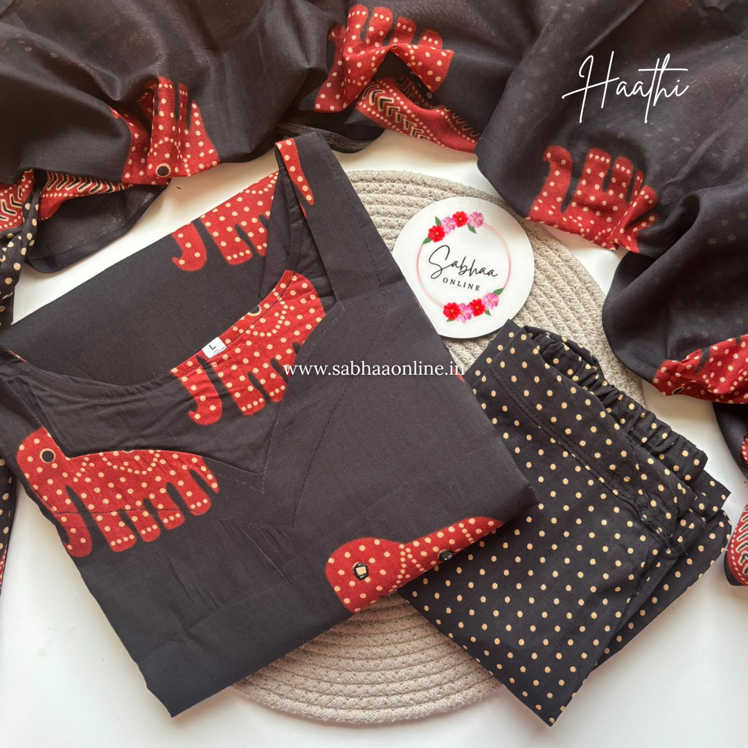 Haathi - Black Cotton kurti 3pc set with lining - LN 40