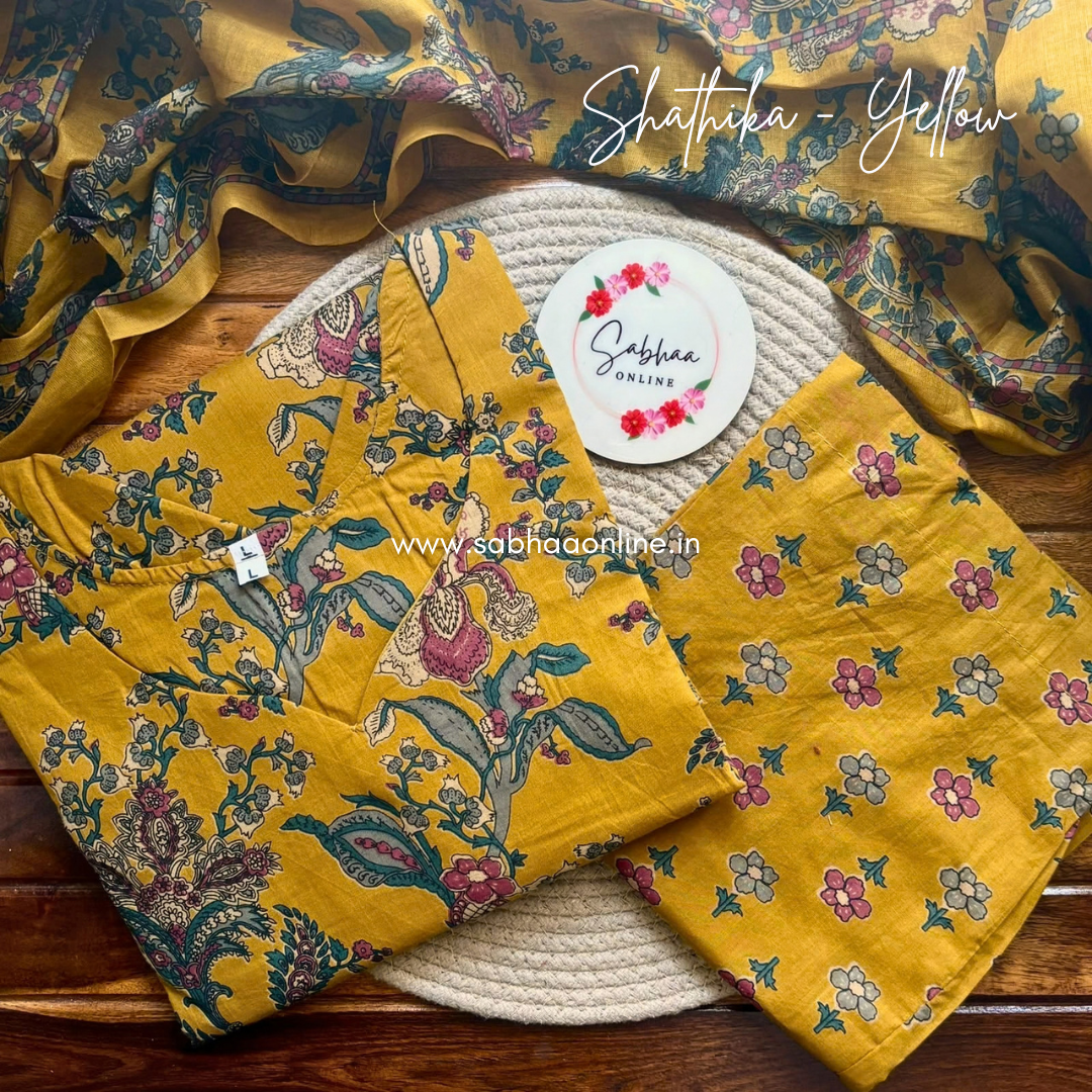 Shathika - Mustard/Honey Yellow Cotton kurti 3pc set with lining - LN 70