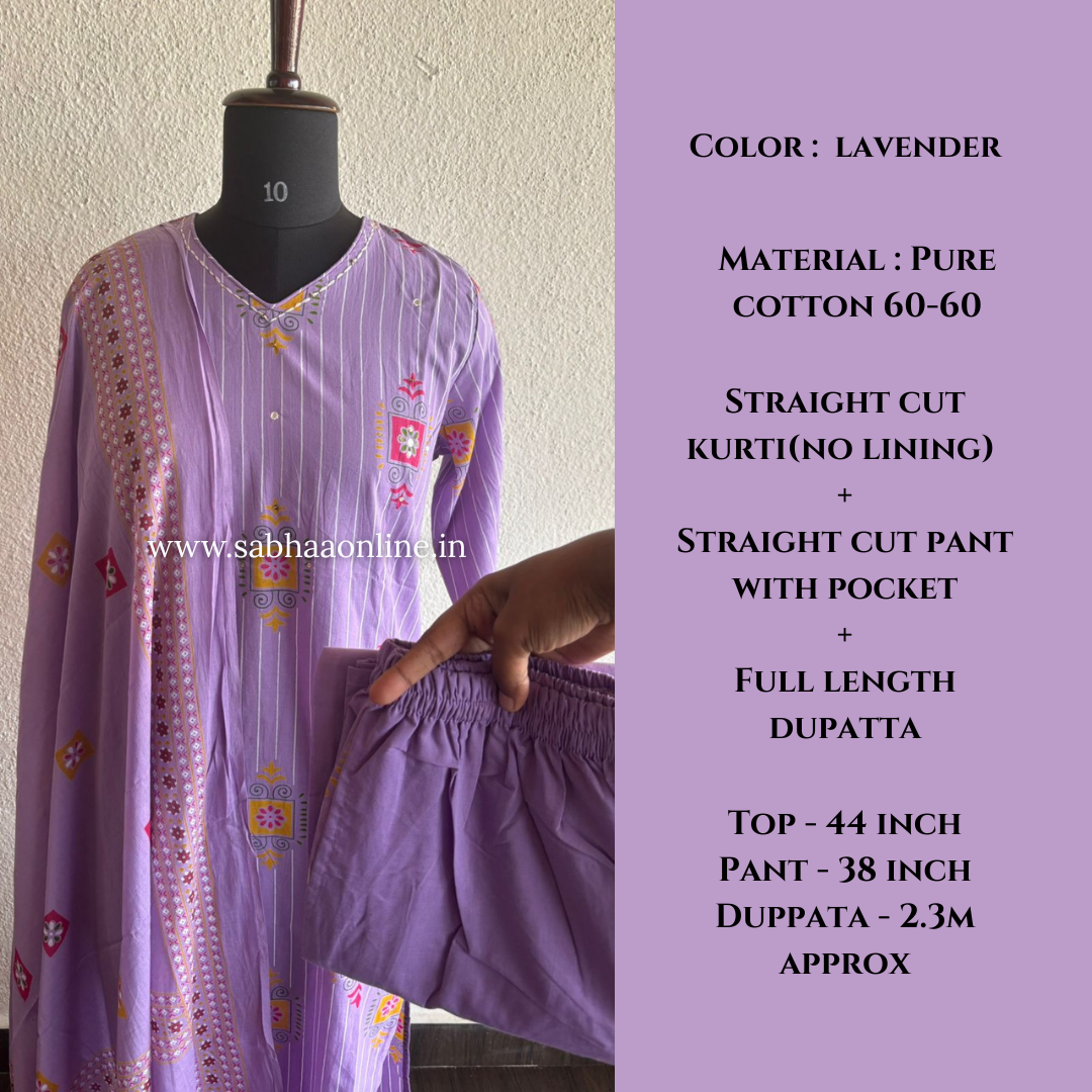 Sheryl - Lavendar Cotton kurti 3pc set - LN 50