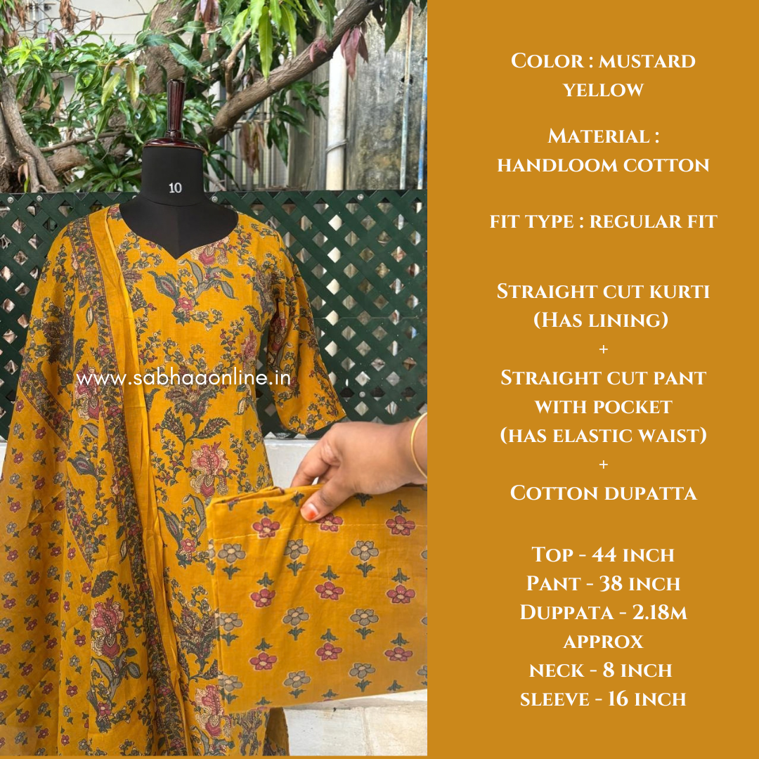 Shathika - Mustard/Honey Yellow Cotton kurti 3pc set with lining - LN 70