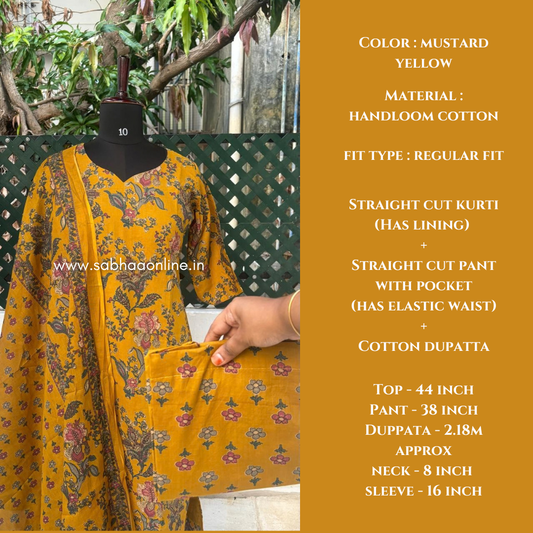Shathika - Mustard/Honey Yellow Cotton kurti 3pc set with lining - LN 70