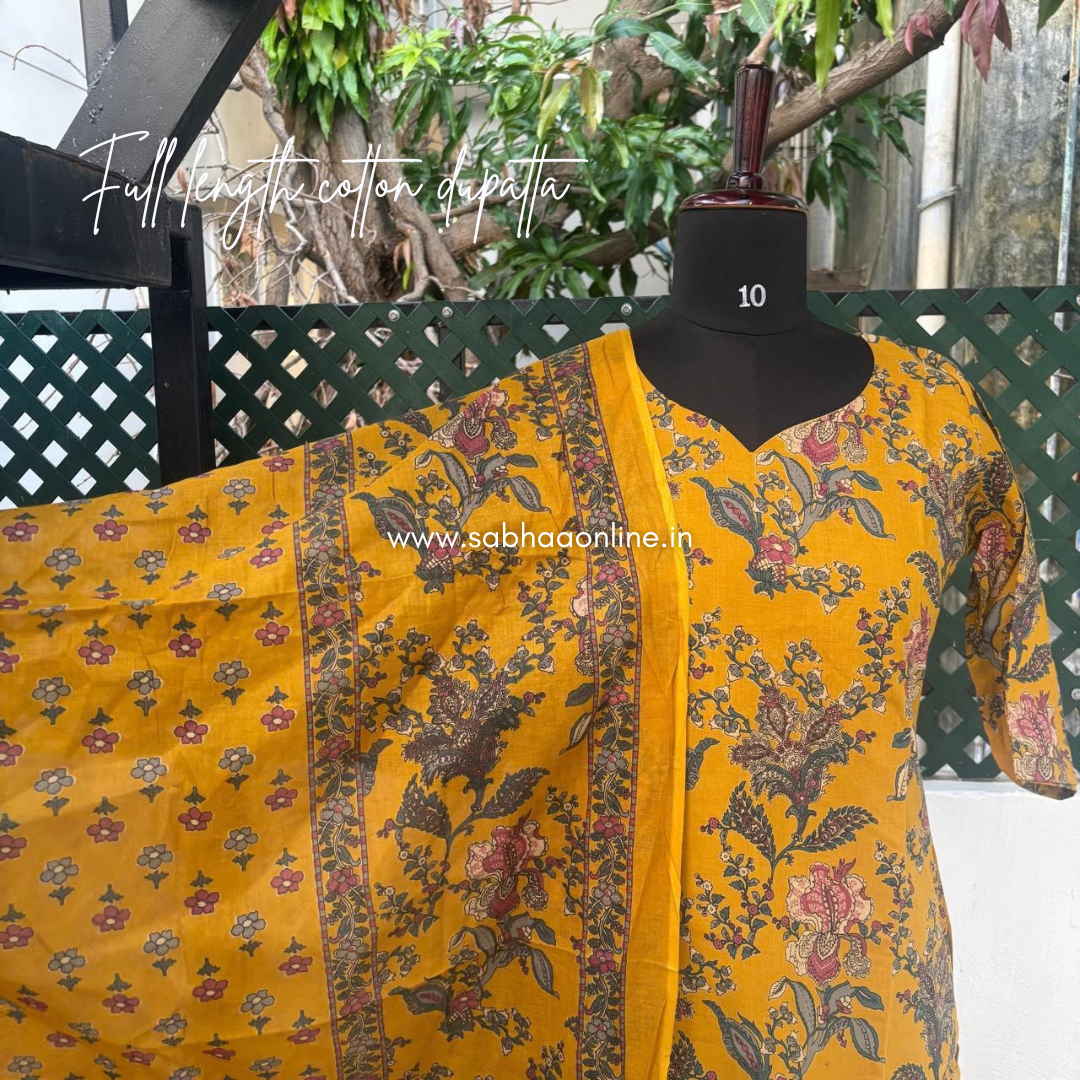 Shathika - Mustard/Honey Yellow Cotton kurti 3pc set with lining - LN 70