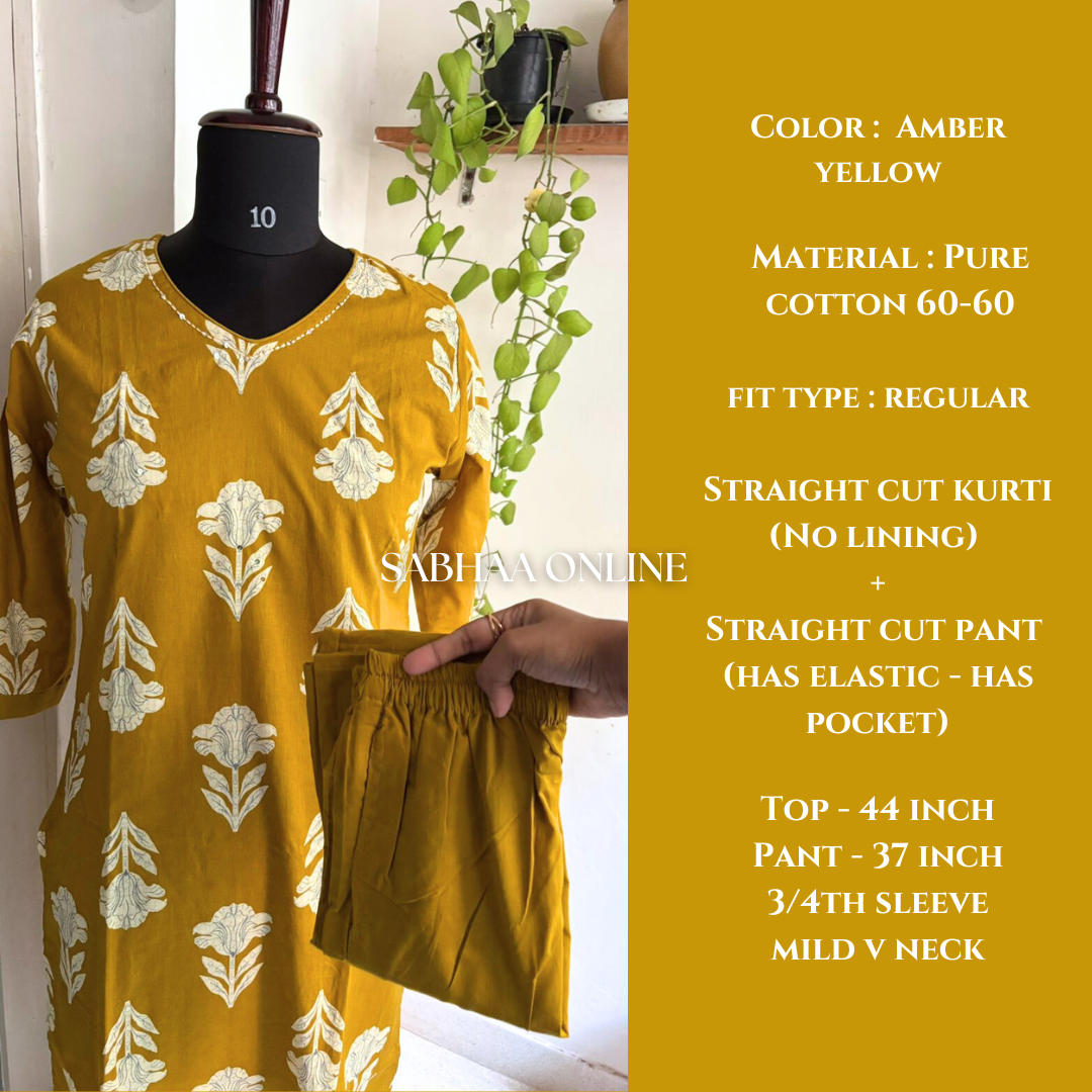 Varuna - Yellow Cotton kurti pant set - Size M 38 only