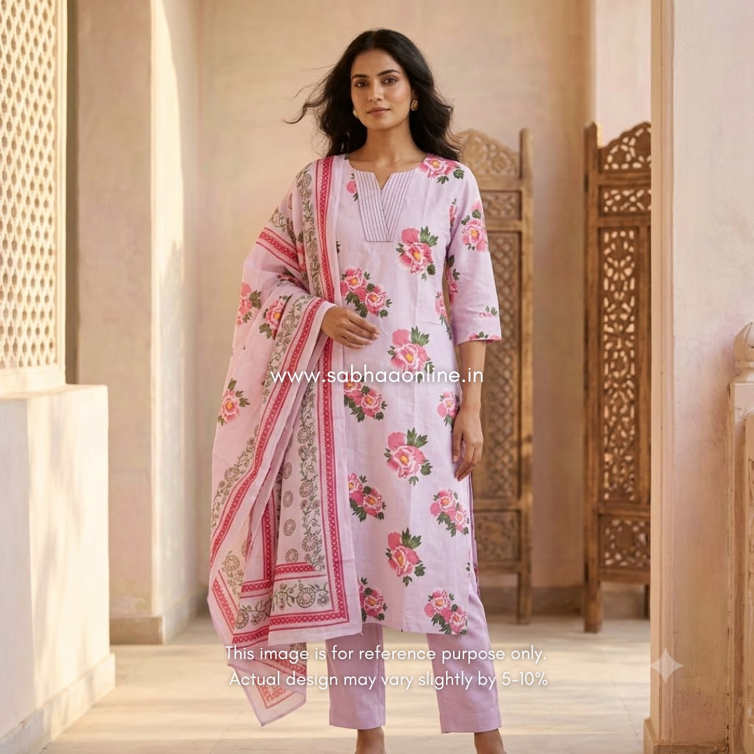 Malaviya - Lilac Cotton kurti 3pc set with lining - LN 65