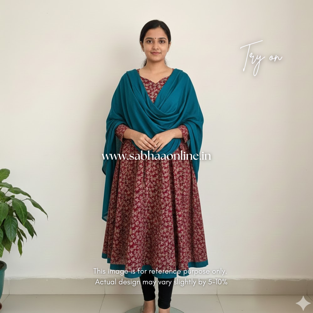 Selvi - Maroon and Teal Cotton crepe Anarkali + dupatta set - LN24
