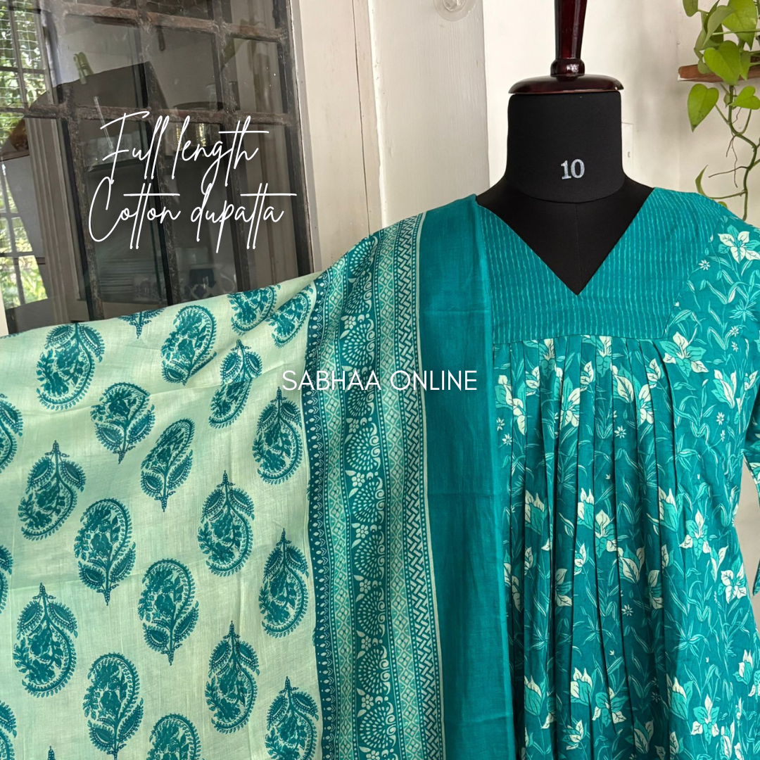 Falguni - Teal Cotton Anarkali Kurti 3pc set with lining