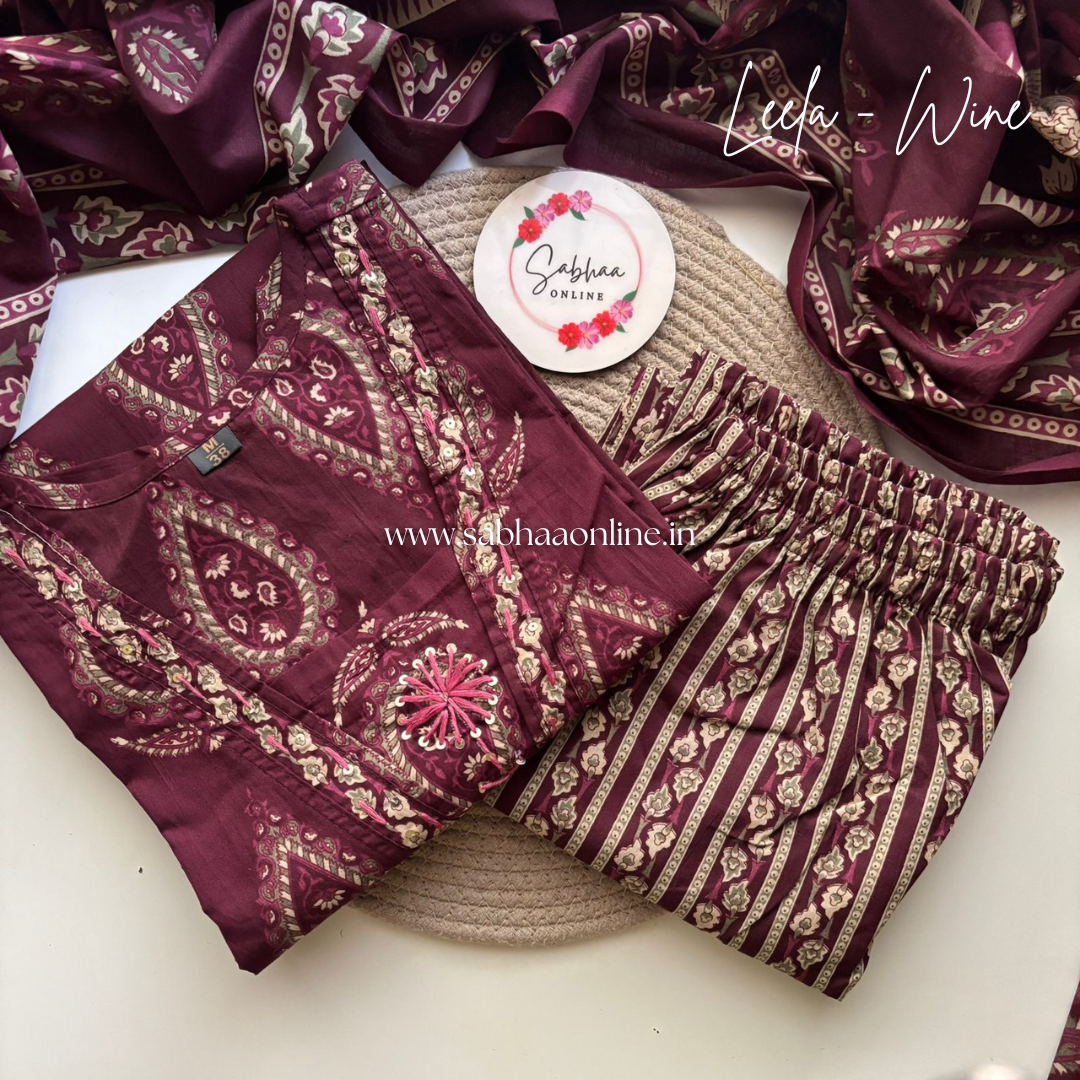 Leela - Wine Cotton kurti 3pc set - LN23