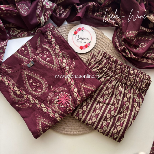 Leela - Wine Cotton kurti 3pc set - LN23