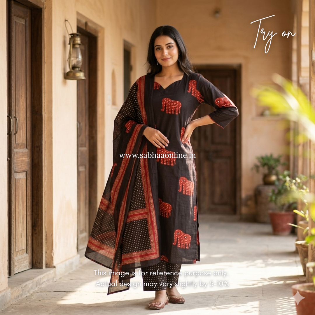 Haathi - Black Cotton kurti 3pc set with lining - LN 40