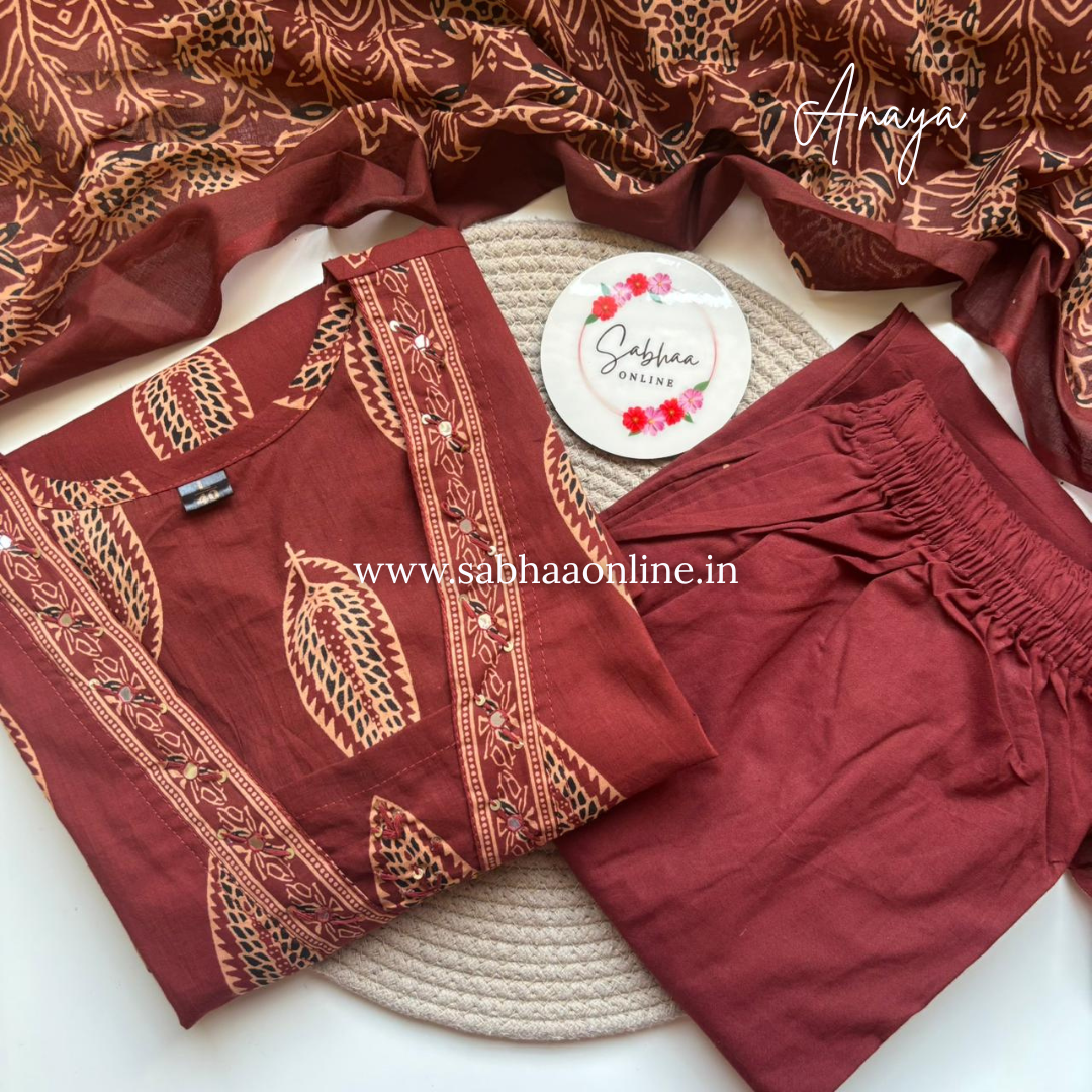 Anaya - Crimson Maroon Cotton kurti 3pc set - LN 50