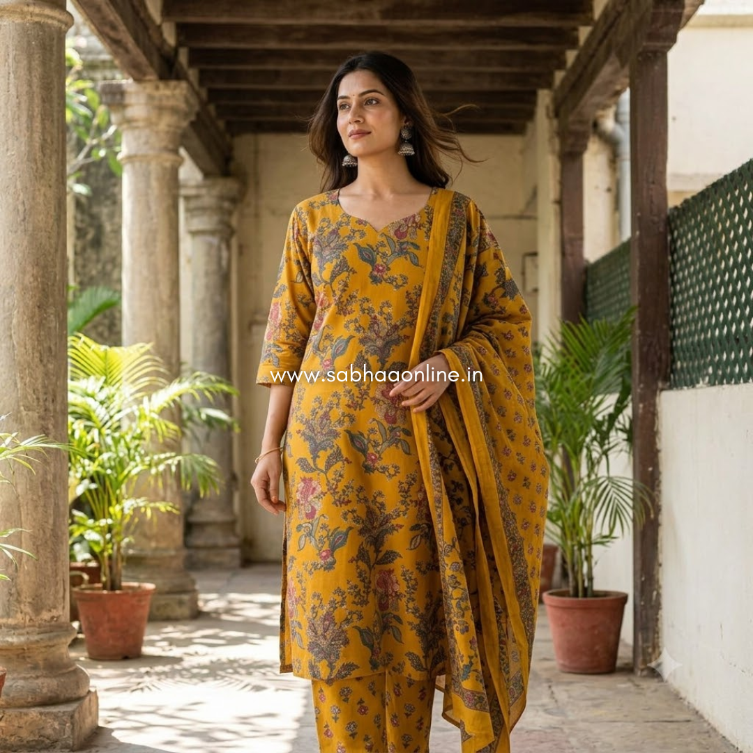 Shathika - Mustard/Honey Yellow Cotton kurti 3pc set with lining - LN 70