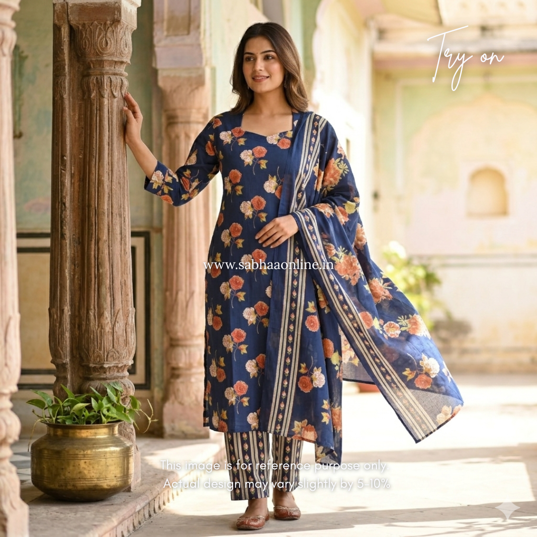 Ambika - Navy Blue Cotton Kurti 3pc set with lining (Slim fit) - LN 40
